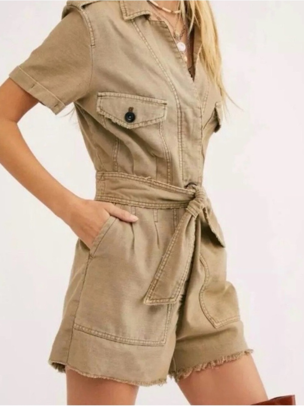 FREE PEOPLE. Utility Tie-Waist Short Jumpsuit - Khaki